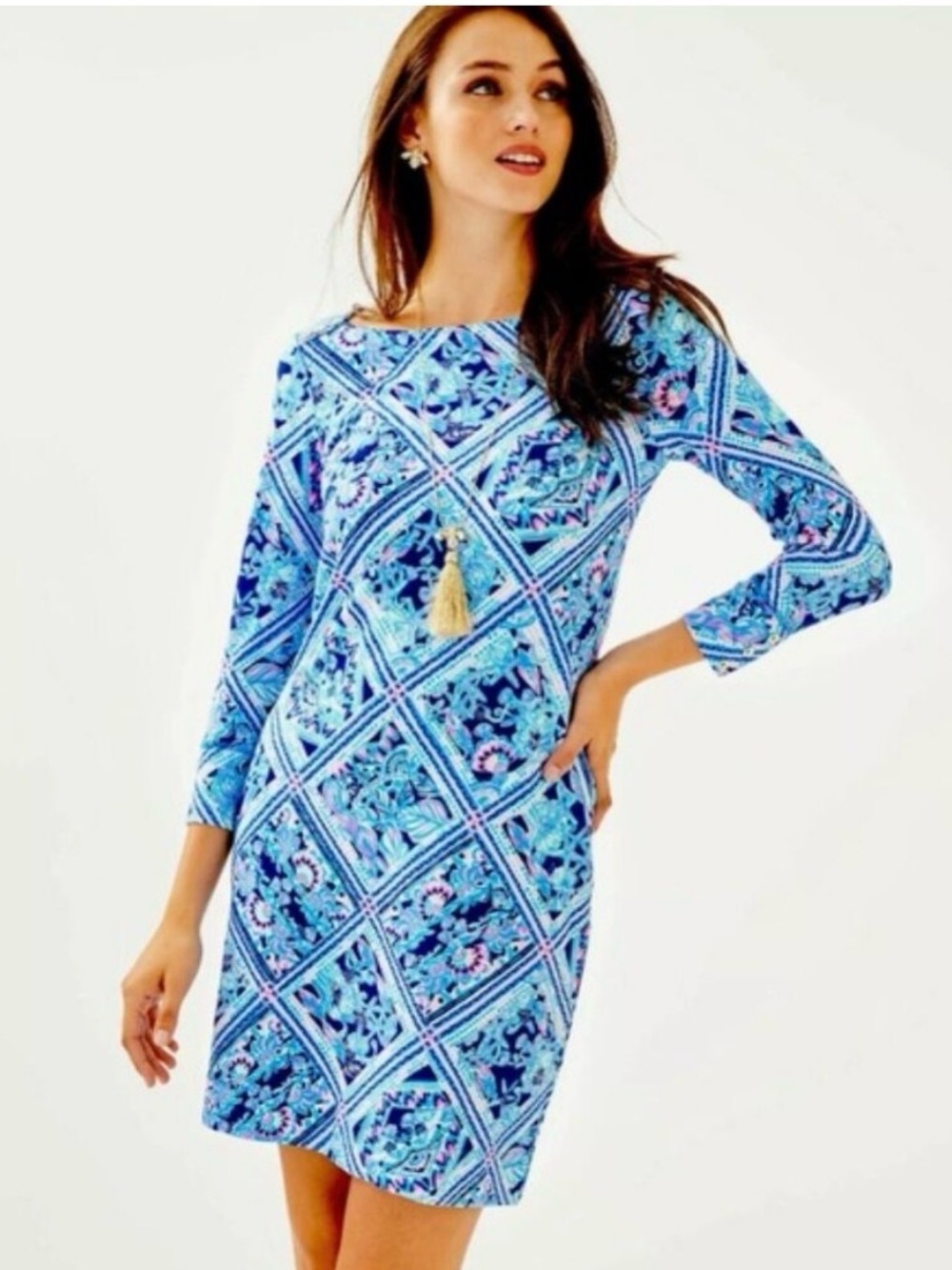 Lilly Pulitzer Blue Floral-Print Long Sleeve Shift Dress